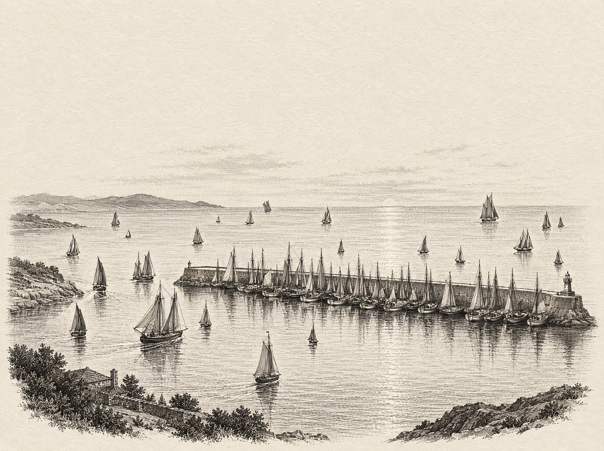 An engraving of boats arriving from every direction and mooring side by side along one quay